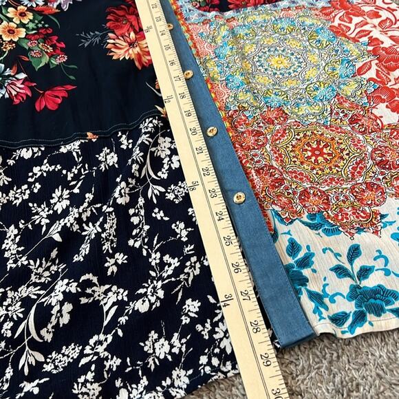 EUC Caleoas Mixed Media‎ Patchwork Drapey Button Down Top Blouse Large L Boho - Picture 16 of 16